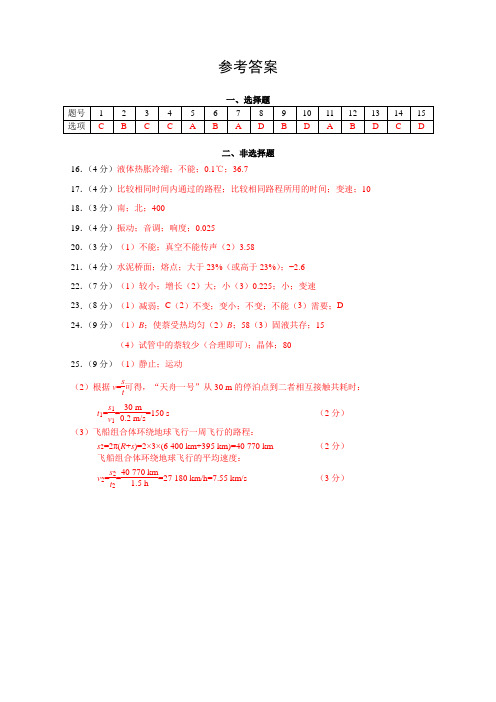 20201009武汉市阳逻一中八年级物理测试题参考答案