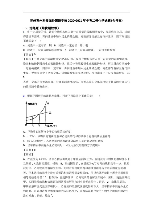 苏州苏州科技城外国语学校2020-2021年中考二模化学试题(含答案)