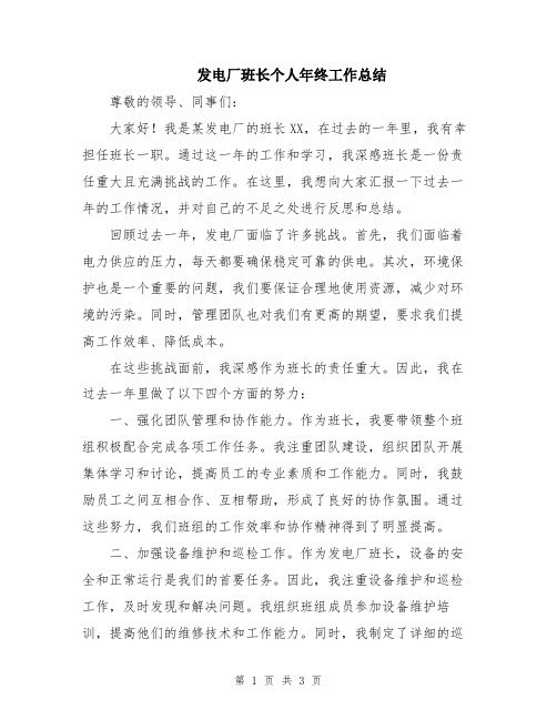 发电厂班长个人年终工作总结