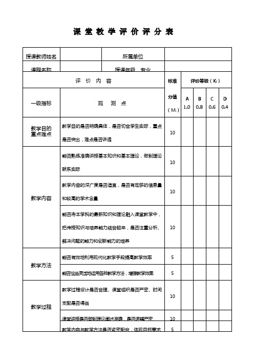 课 堂 教 学 评 价 评 分 表