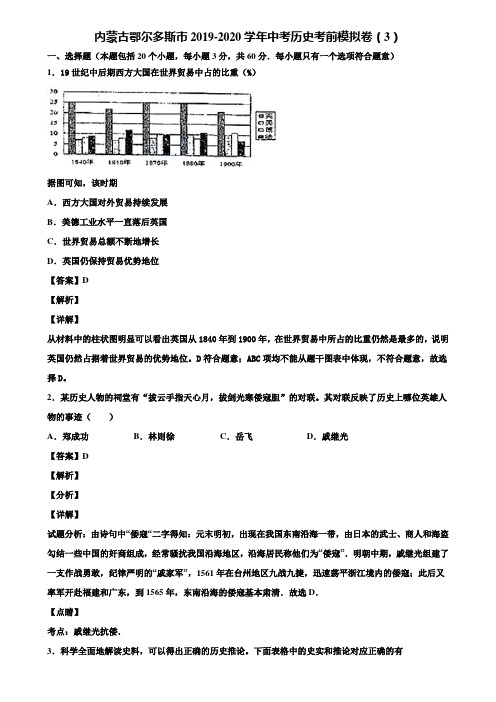 内蒙古鄂尔多斯市2019-2020学年中考历史考前模拟卷(3)含解析