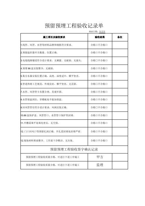 空调系统过程验收单