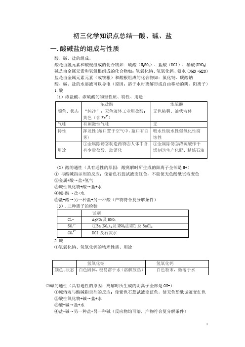 九年级化学酸碱盐知识点总结