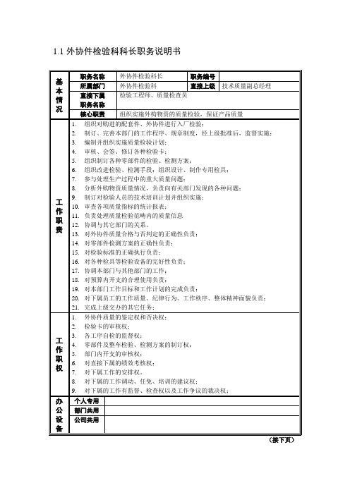 外协件检验科科长职务说明书