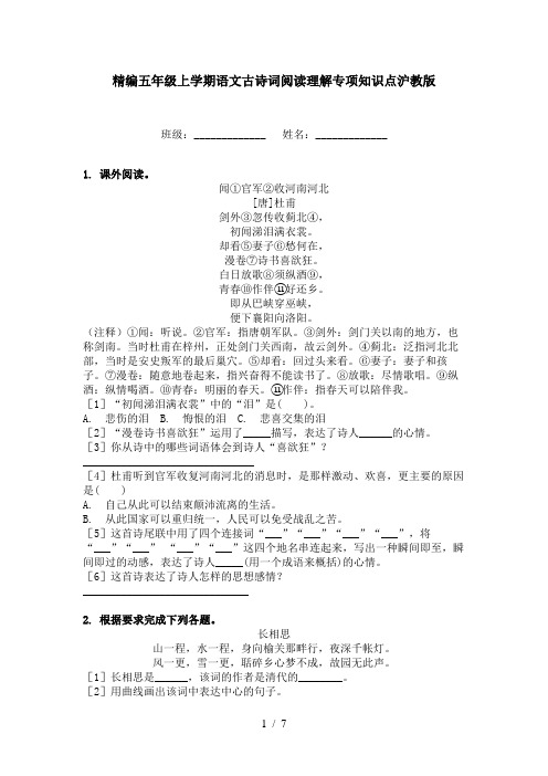 精编五年级上学期语文古诗词阅读理解专项知识点沪教版