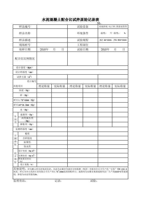 混凝土配合比试拌原始记录表