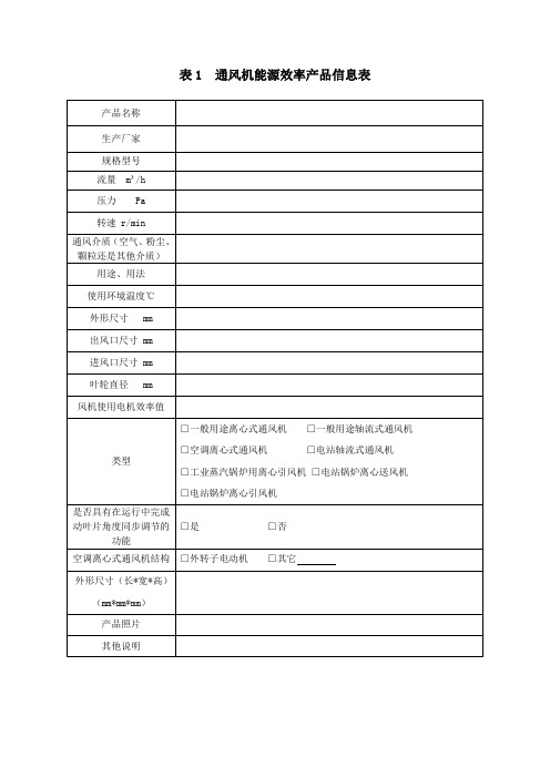 表1 通风能源效率产品信息表