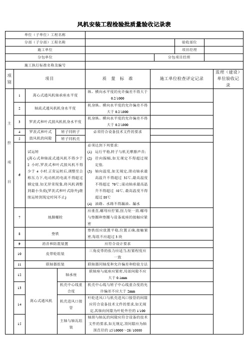 风机安装工程检验批质量验收记录表