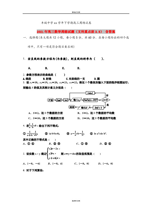 2021年高三数学周练试题(文科重点班3.8) 含答案