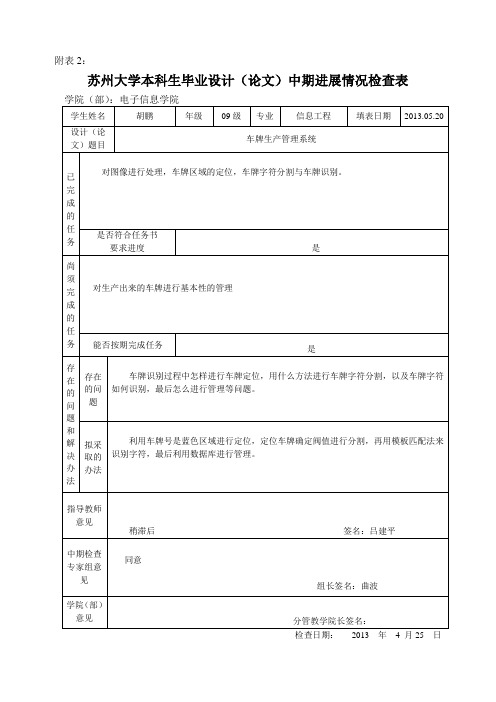 附表2、苏州大学本科生毕业设计(论文)中期进展情况检查表