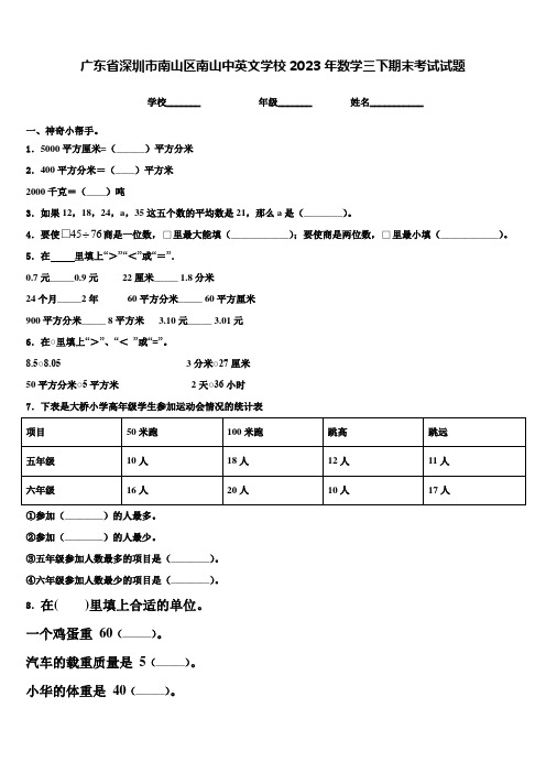 广东省深圳市南山区南山中英文学校2023年数学三下期末考试试题含解析