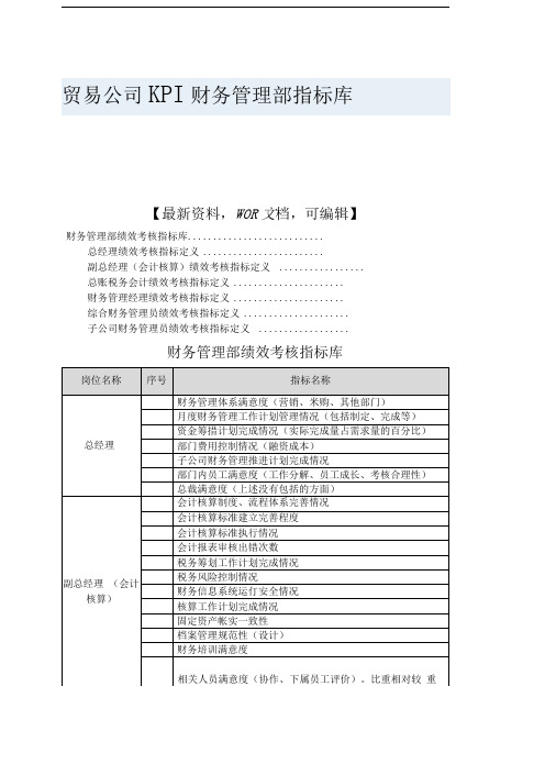 贸易公司KPI财务管理部指标库