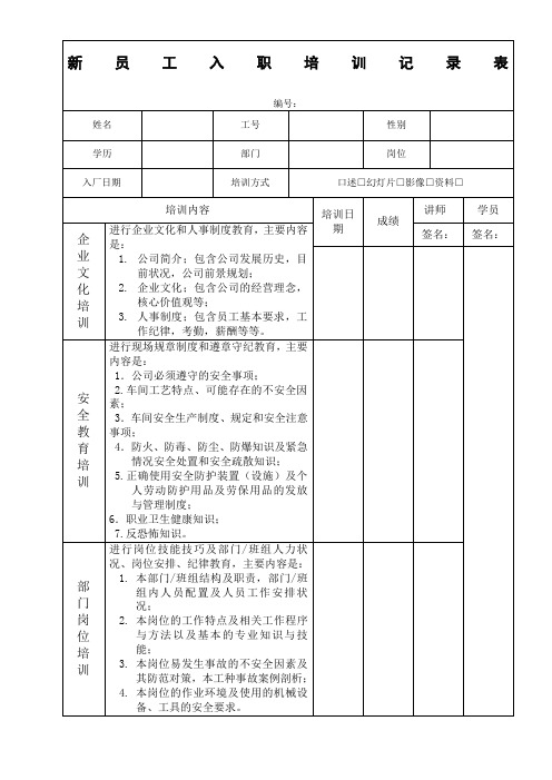 新员工入职培训记录表