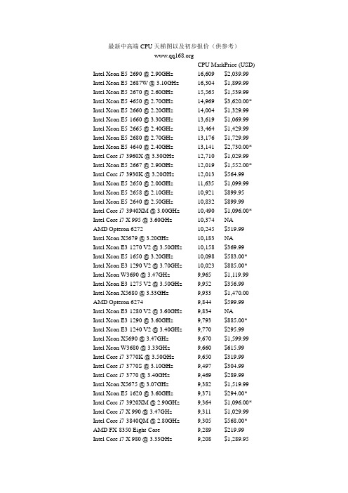 最新中高端CPU性能天梯图以及常规报价