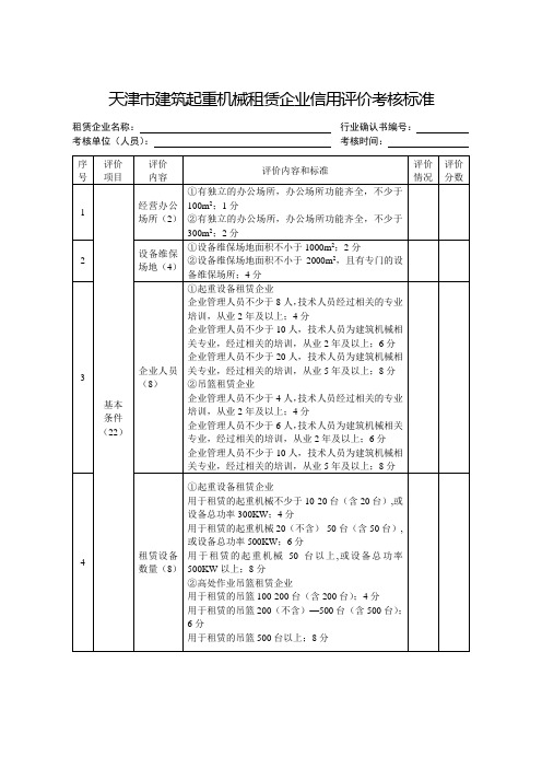 天津建筑起重机械租赁企业信用评价考核标准