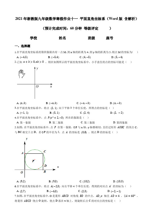 2021年浙教版九年级数学寒假作业11 平面直角坐标系(含答案)