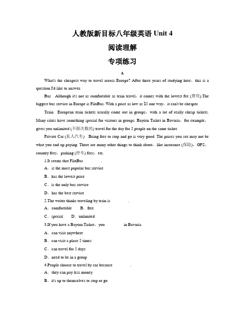 Unit 4  阅读理解专项练习   2022-2023学年人教版新目标英语八年级上册(含答案)