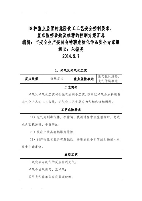 18种重点危险化学品生产工艺典型反应及安全控制条件汇总