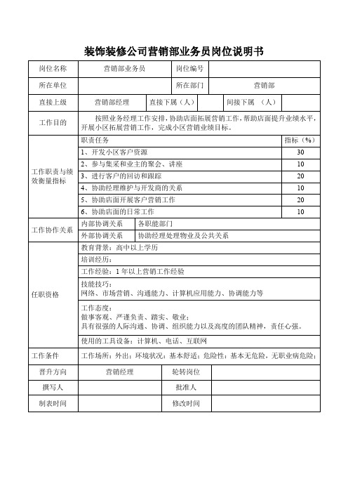 装饰装修公司营销部业务员岗位说明书