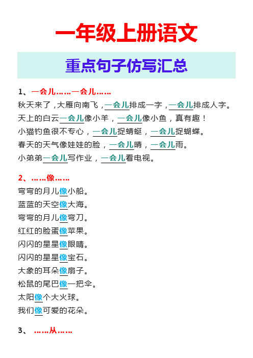 一年级上册语文重点句子仿写汇总