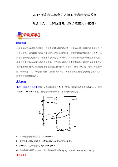 【推荐】专题16 电解质溶液(粒子浓度大小比较)-2017年高考化学二轮核心考点总动员