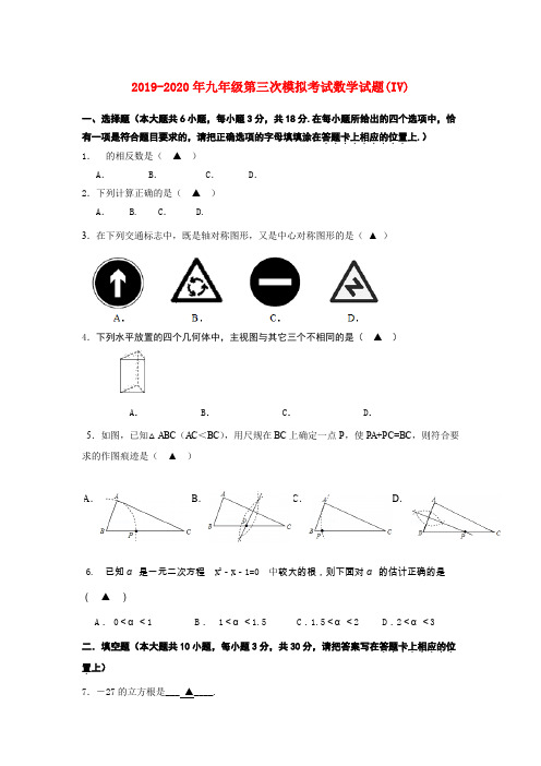 2019-2020年九年级第三次模拟考试数学试题(IV)