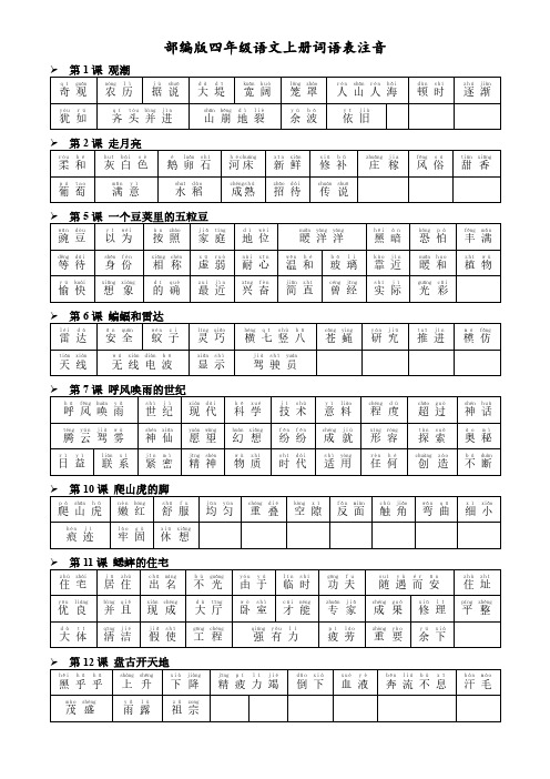 最新部编版四年级语文上册词语表注音