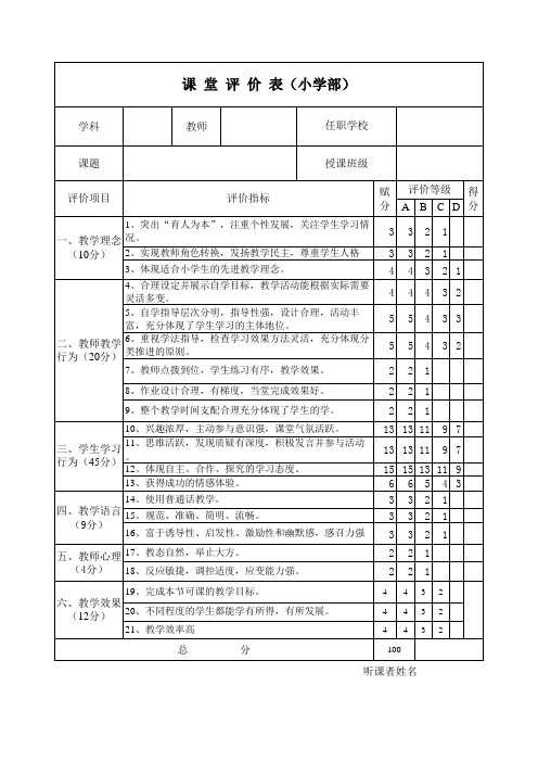 课  堂  评  价  表(小学部)