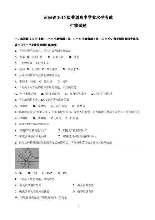 河南省2016级普通高中学业水平考试生物试题+Word版