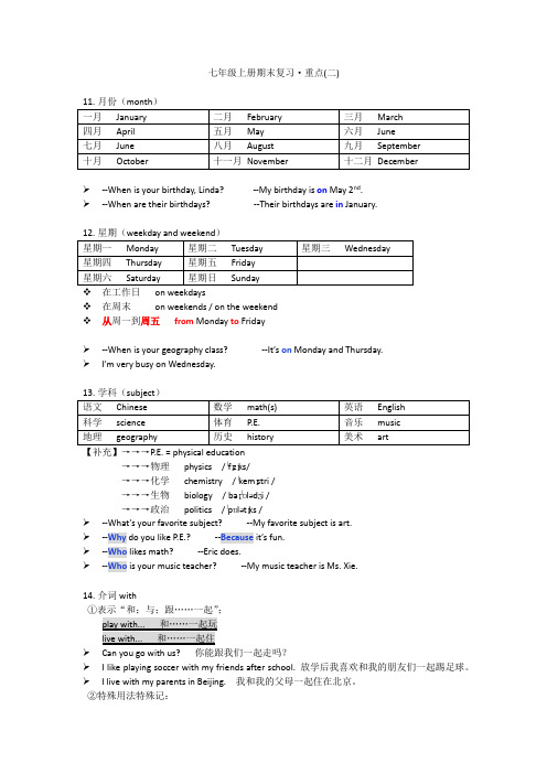 人教版七年级英语上册 期末知识点复习