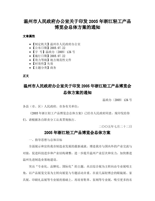 温州市人民政府办公室关于印发2005年浙江轻工产品博览会总体方案的通知