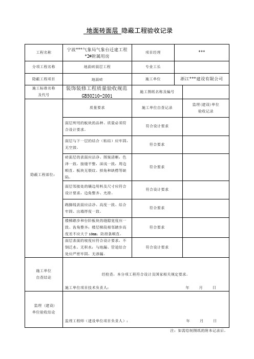 装饰装修隐蔽工程验收记录表(全套规范范例)