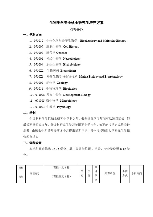 暨南大学生物学研究生培养方案