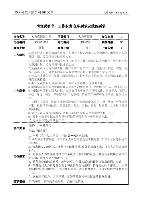 人力资源部主任岗位职责说明书和任职要求