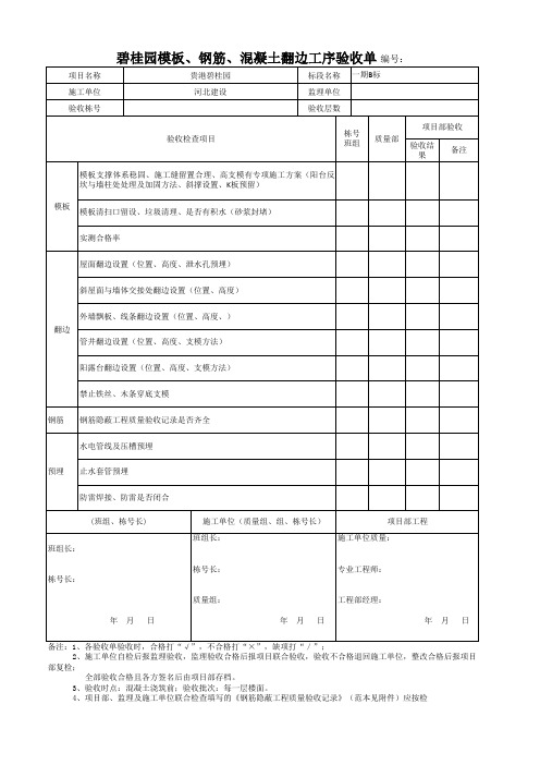 碧桂园模板、钢筋、混凝土翻边工序验收单