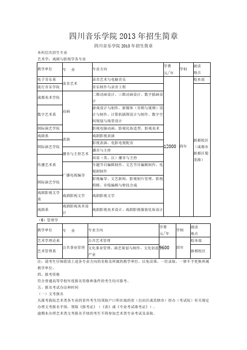 四川音乐学院2013年招生简章