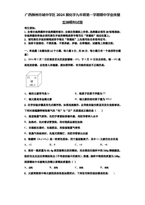 广西柳州市城中学区2024届化学九年级第一学期期中学业质量监测模拟试题含答案解析