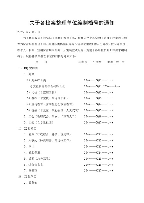 关于各档案整理单位编制归档号的通知