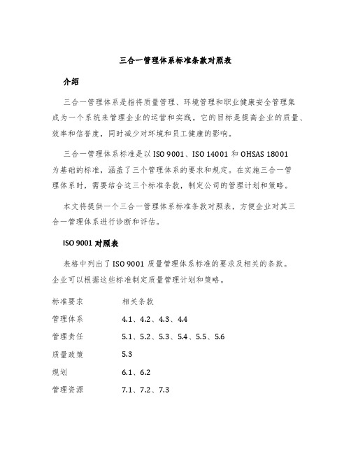 三合一管理体系标准条款对照表