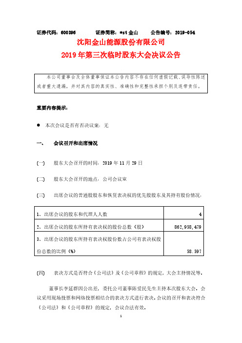 _ST金山：2019年第三次临时股东大会决议公告