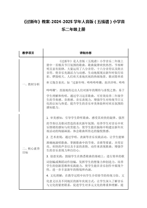 《过新年》教案-2024-2025学年人音版(五线谱)小学音乐二年级上册