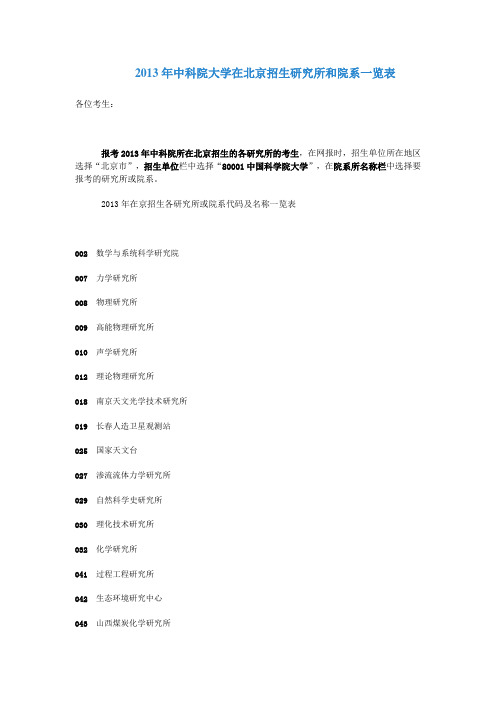 2013年中科院大学在北京招生研究所和院系一览表