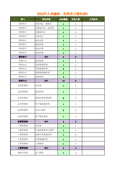 人员编制、在岗员工情况表-模板