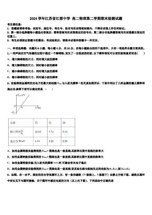 2024学年江苏省江都中学 高二物理第二学期期末检测试题(含解析)