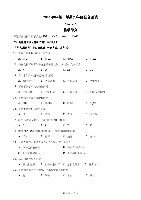 2024届上海奉贤区中考化学一模试卷及答案