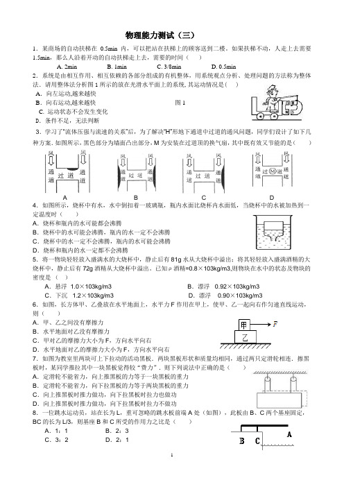 2015年初中物理竞赛能力测试(三)Word版无答案