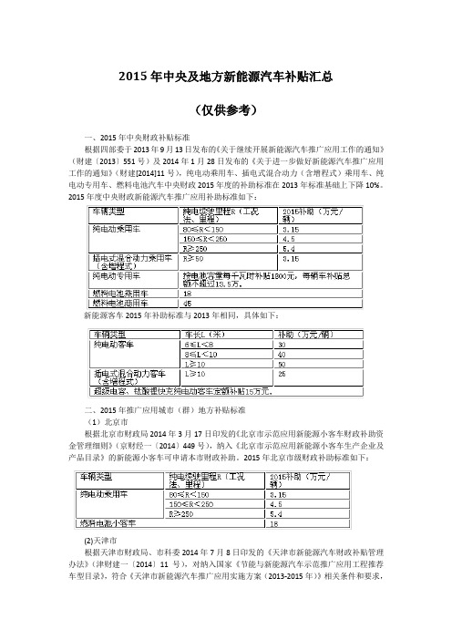 2015年中央及地方新能源汽车补贴汇总