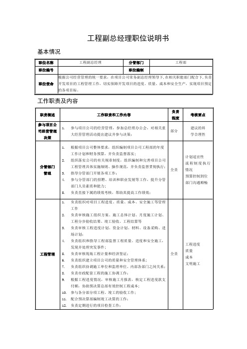 工程副总经理职位说明书