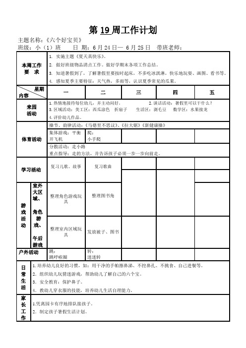 幼儿园中班下学期第19周 周工作计划与反思