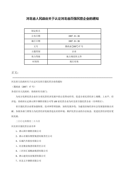 河北省人民政府关于认定河北省百强民营企业的通知-冀政函[2007]47号